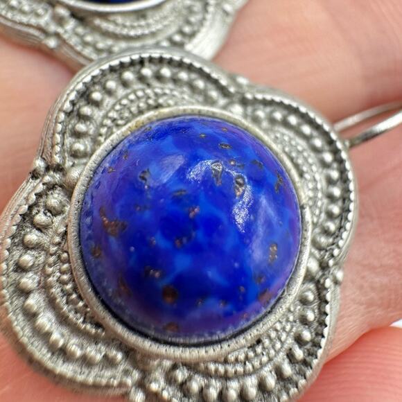 Vintage Blue Speckled Peking Glass Cabochon Earrings Etruscan Revival Bohemian - Picture 3 of 13